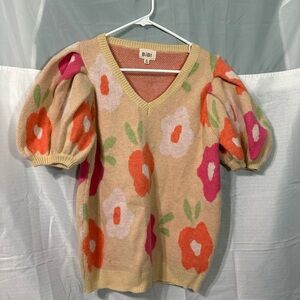BiBi V-Neck Sweater with Floral Design - Pink, Orange, Cream